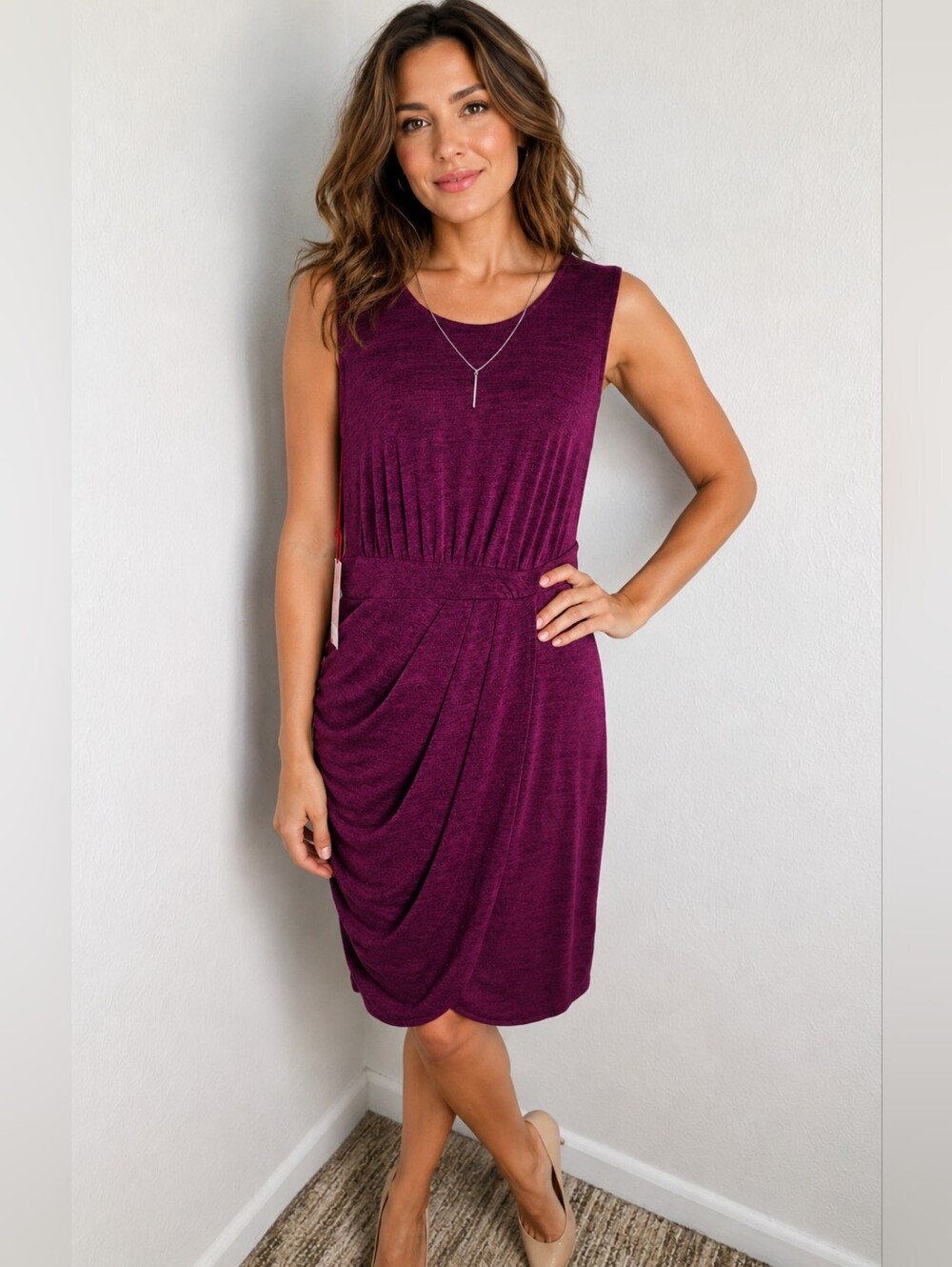 Jennifer Lopez Sleeveless Purple Dress with Ruching Down One Side, Size L, NWT